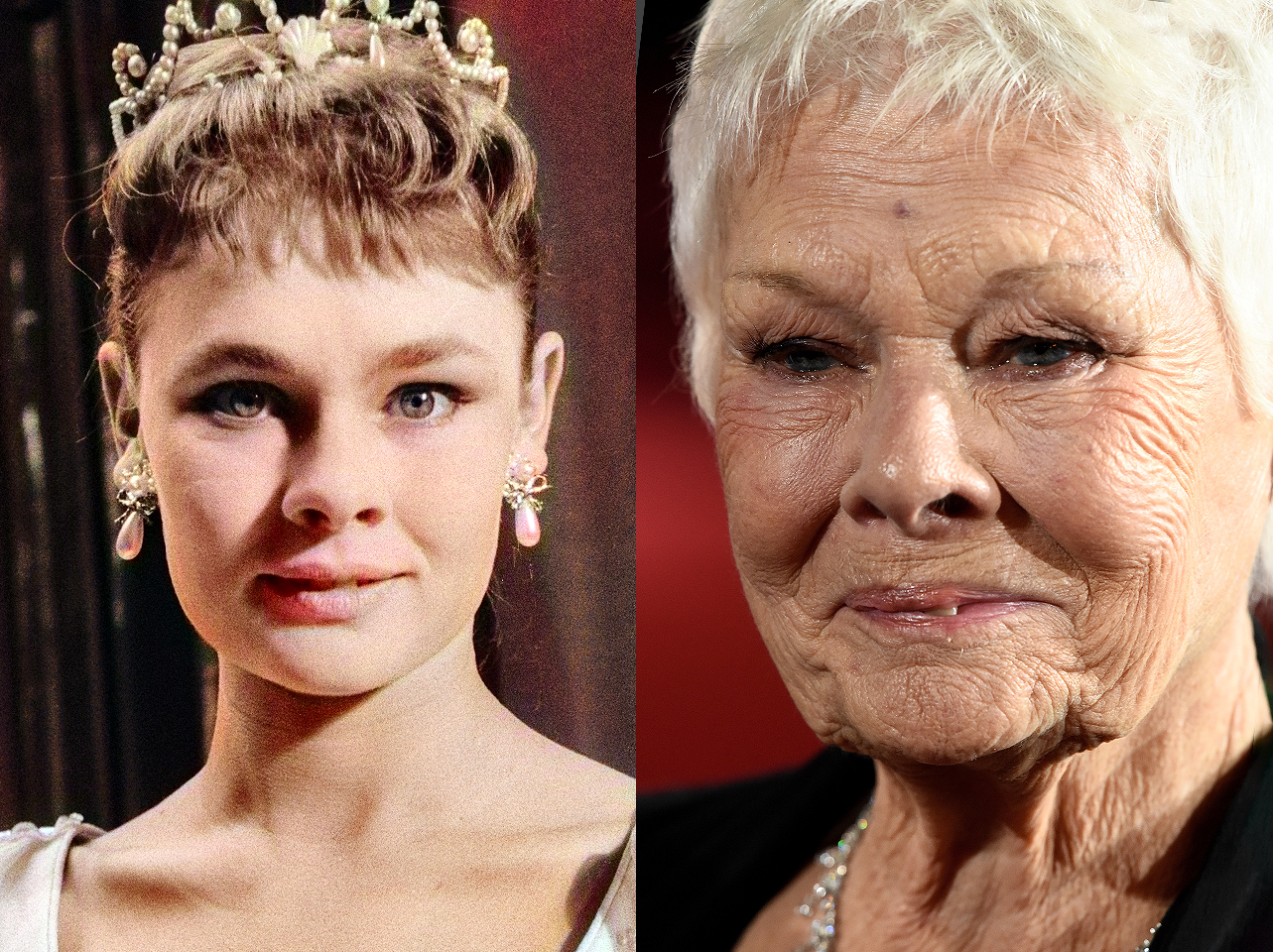 Judi Dench dans ses jeunes années et maintenant. | Source : Getty Images