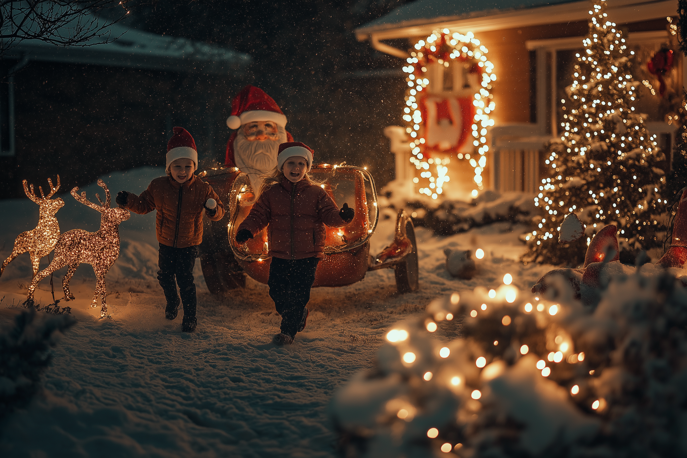 Des enfants courent dans une cour enneigée avec des décorations de Noël | Source : Midjourney