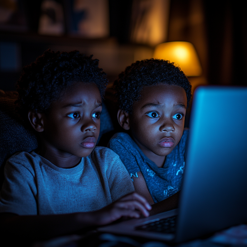 Deux enfants qui regardent quelque chose sur un ordinateur portable à la maison | Source : Midjourney