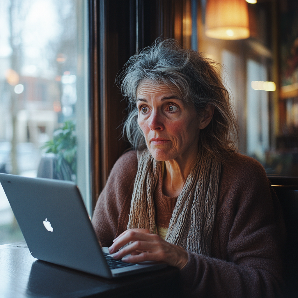 Eine Frau schaut in einem Café auf einen Laptop | Quelle: Midjourney