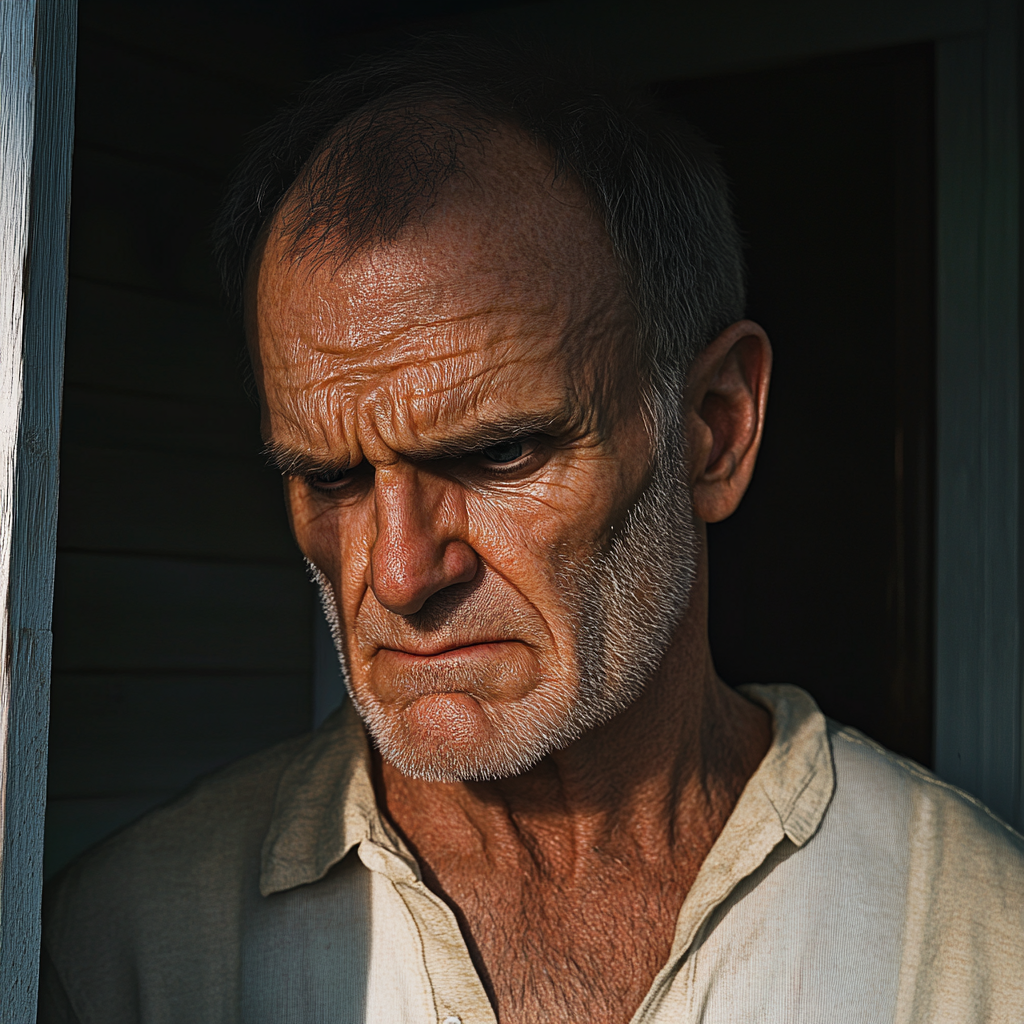 Un homme debout devant la maison de son voisin, regardant vers le bas | Source : Midjourney