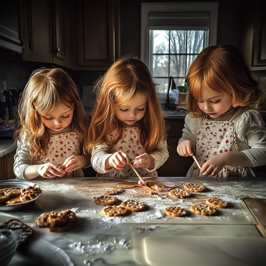 Des triplés décorent des biscuits | Source : Midjourney