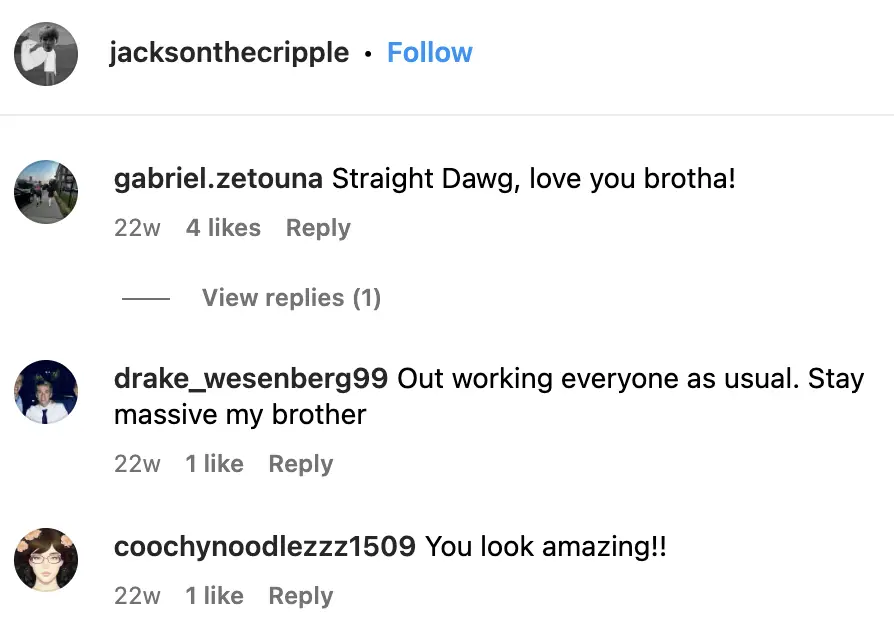 Commentaires des utilisateurs sur la photo de Jackson Schop, datée du 18 mai 2023 | Source : instagram.com/jacksonthecripple.