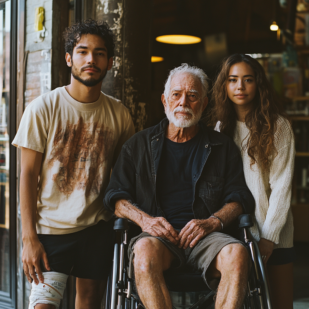 Un homme blessé à la jambe, un homme en fauteuil roulant et une femme | Source : Midjourney