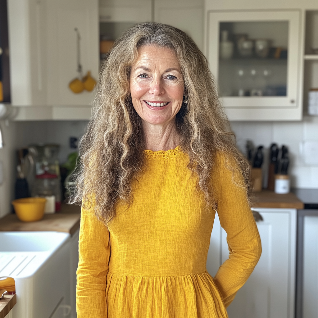 Une femme âgée souriante debout dans une cuisine | Source : Midjourney