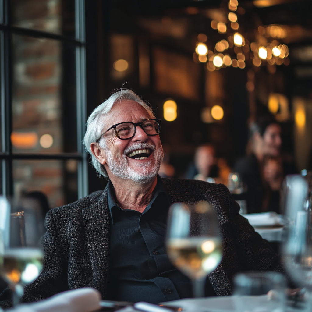 Un homme âgé glousse alors qu'il est assis dans un restaurant haut de gamme | Source : Midjourney