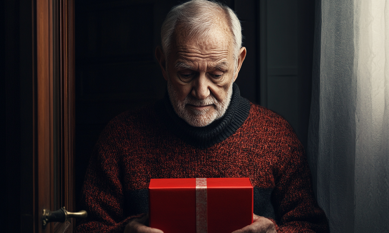 A man in a doorway holding a red box | Source: Midjourney