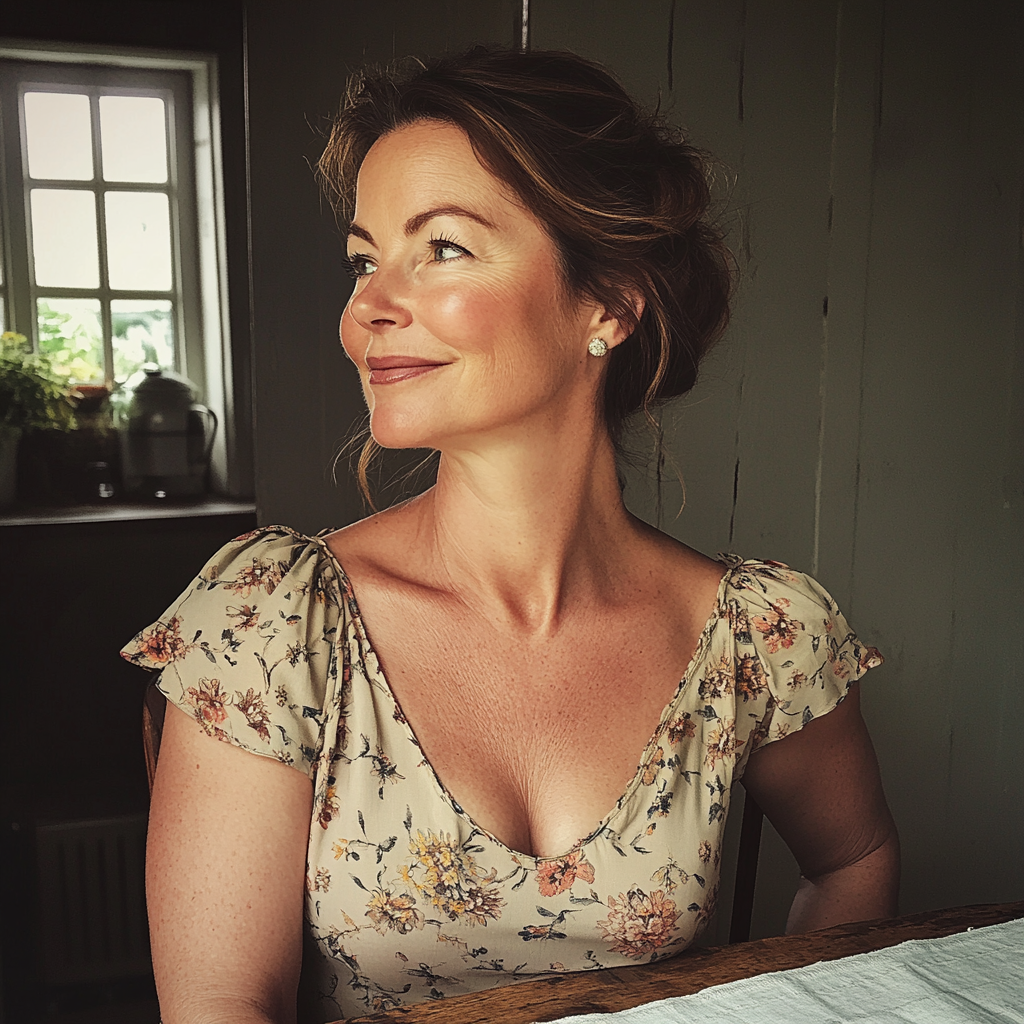 Une femme souriante assise à une table | Source : Midjourney