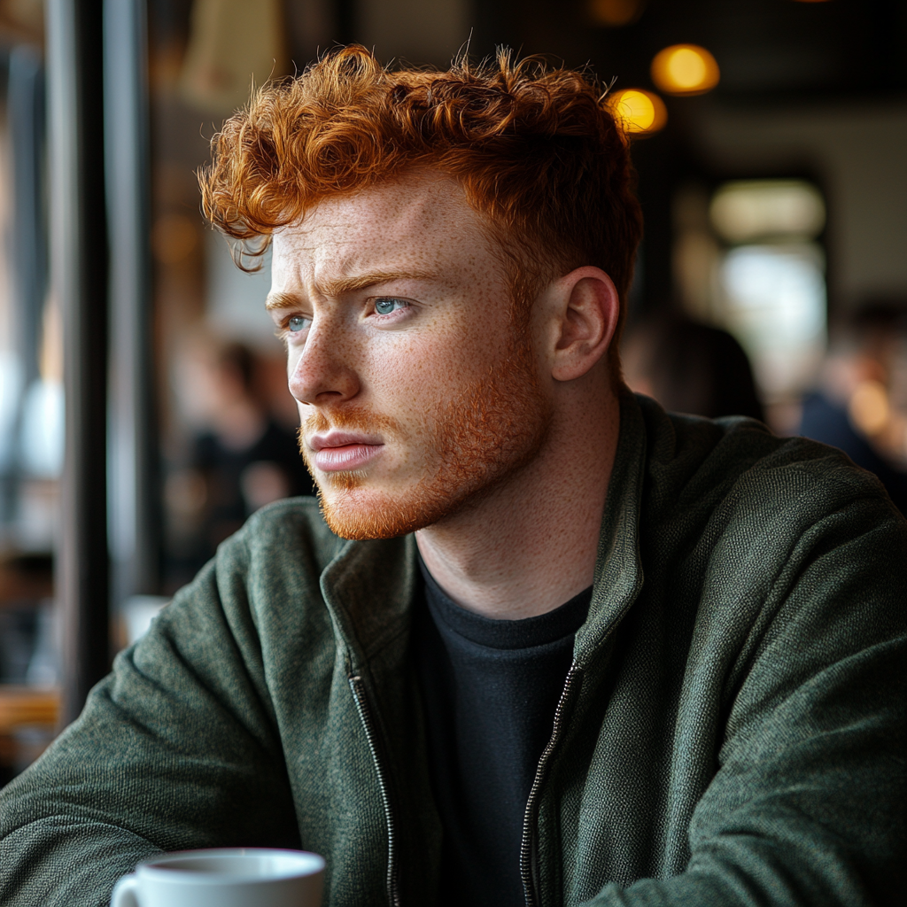 Un homme roux assis dans un café | Source : Midjourney