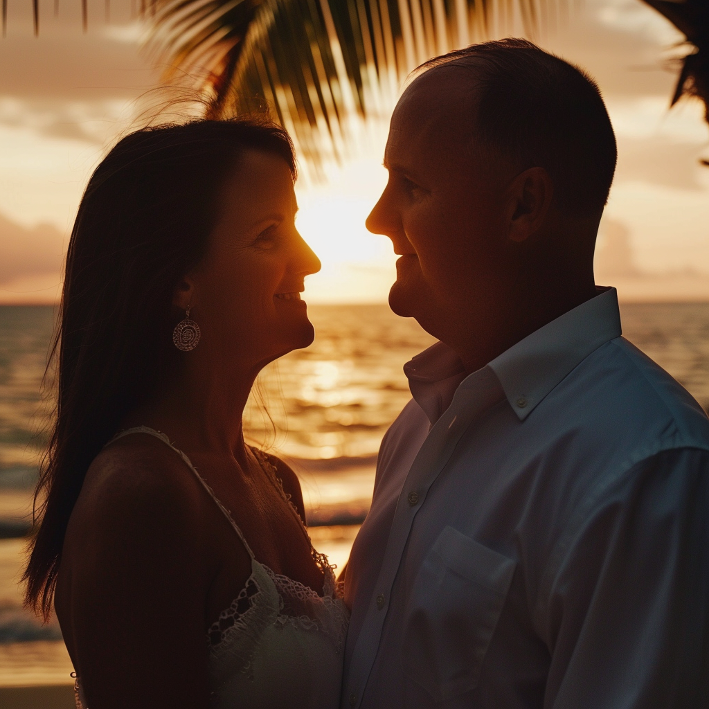 Gros plan d'un couple debout sur la plage et se regardant l'un l'autre | Source : Midjourney