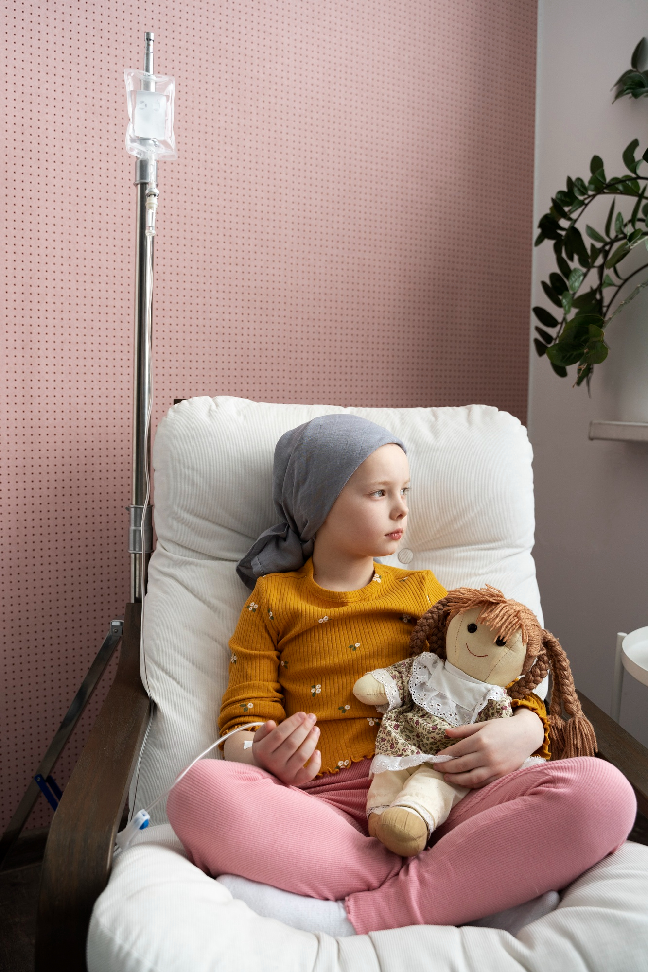 Une petite fille atteinte d'un cancer tenant une poupée pendant son traitement | Source : Freepik