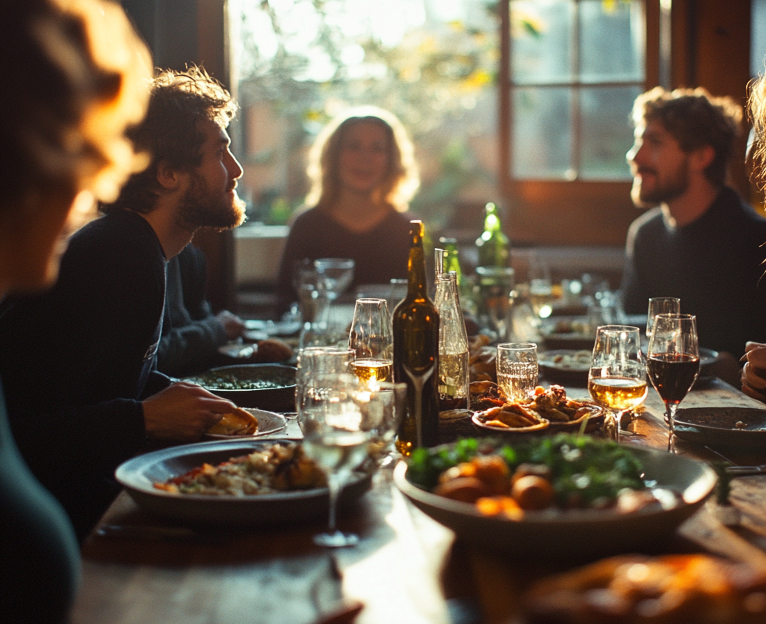 Des personnes échangent des regards à une table de dîner | Source : Midjourney