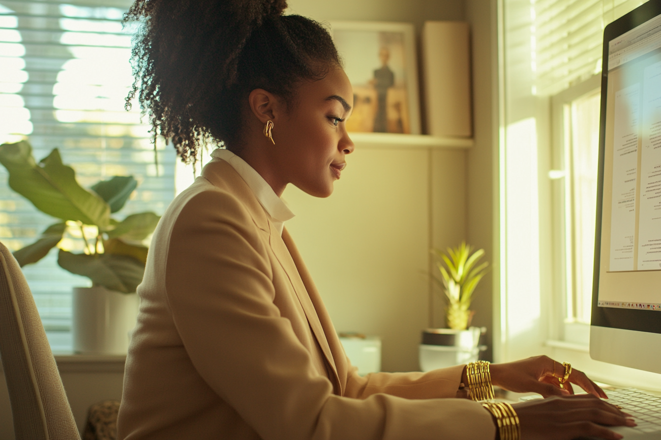 Une femme travaillant à domicile sur son ordinateur | Source : Midjourney