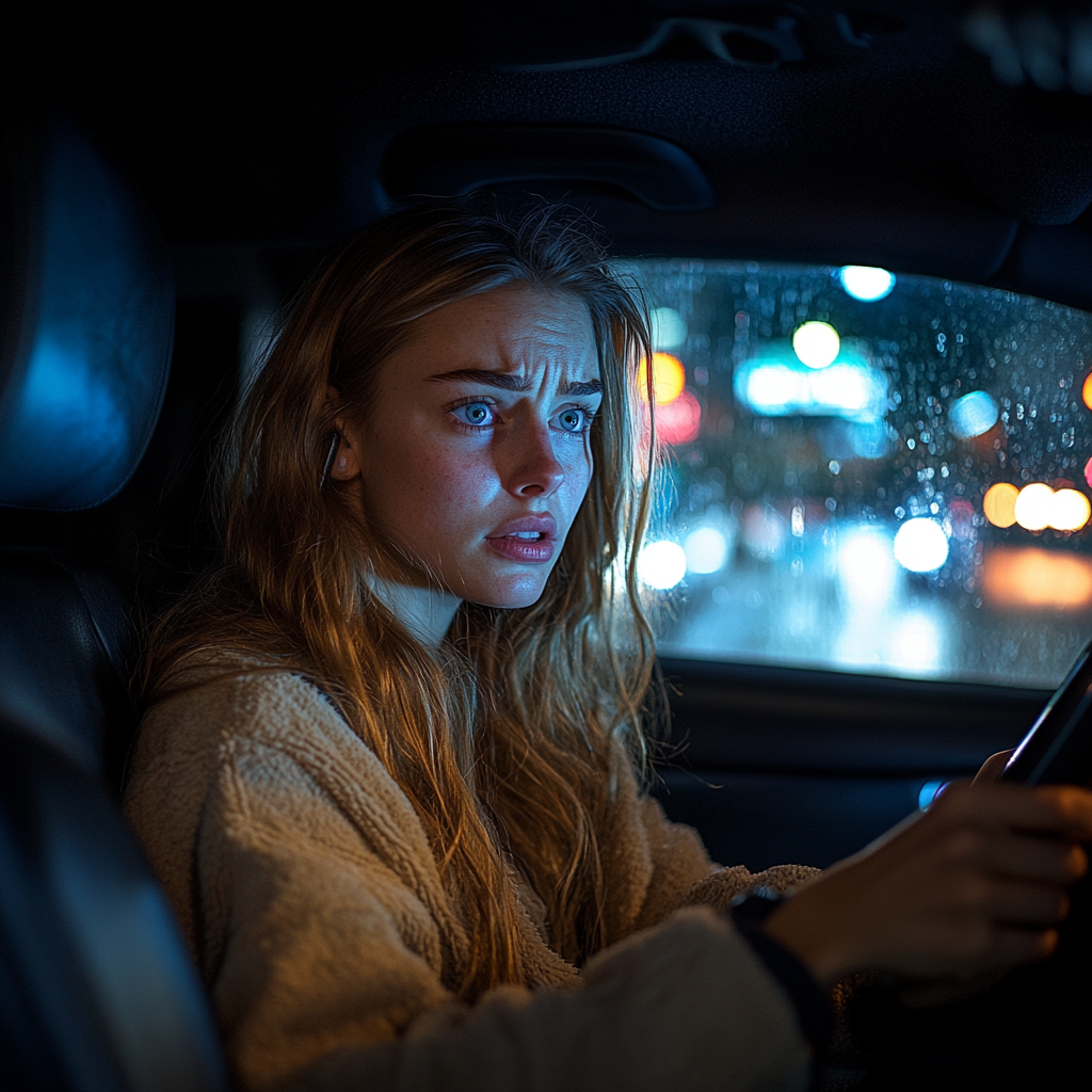 Une femme a l'air secouée alors qu'elle conduit une voiture la nuit | Source : Midjourney