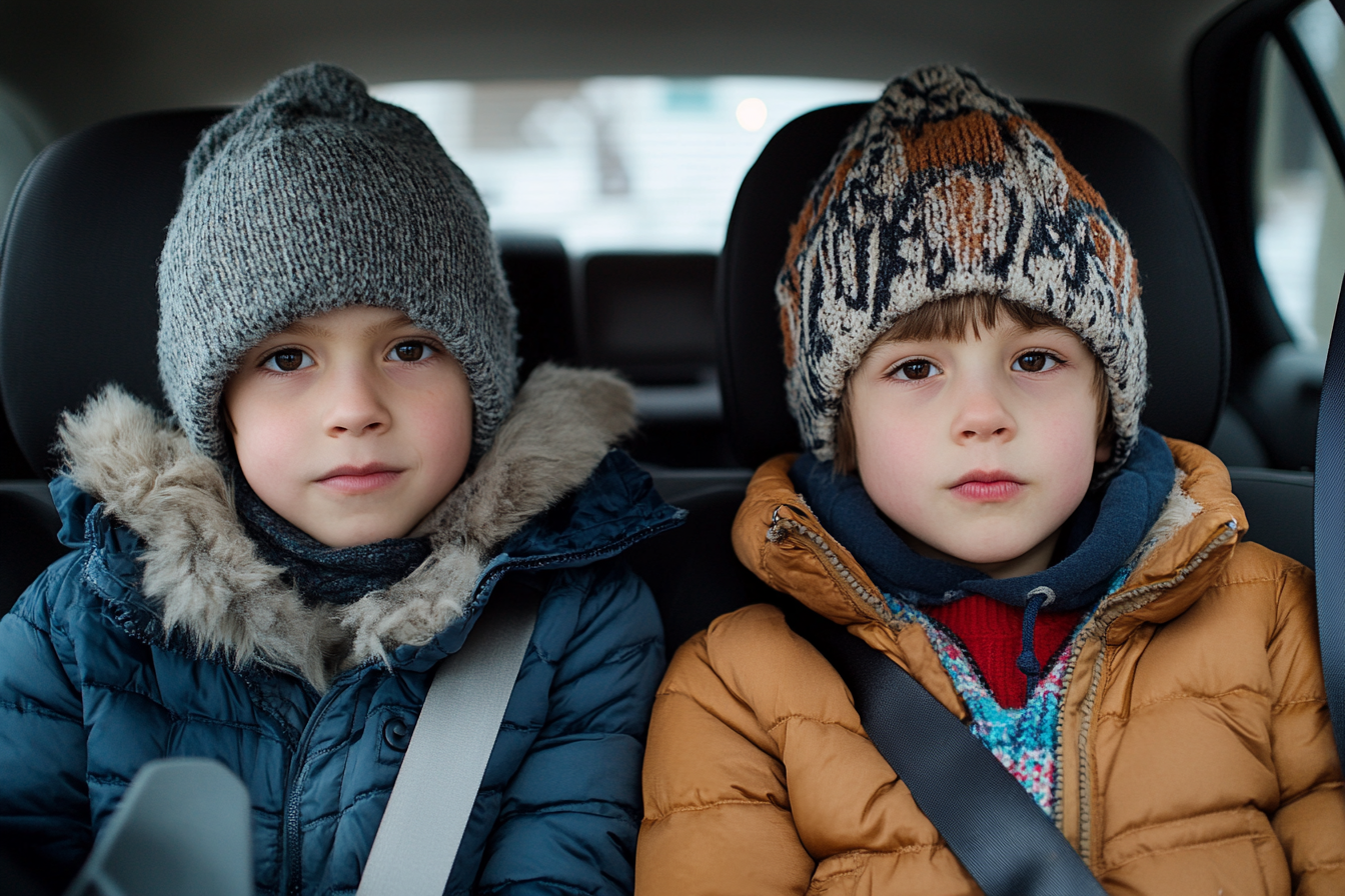 Deux garçons chaudement vêtus dans une voiture | Source : Midjourney