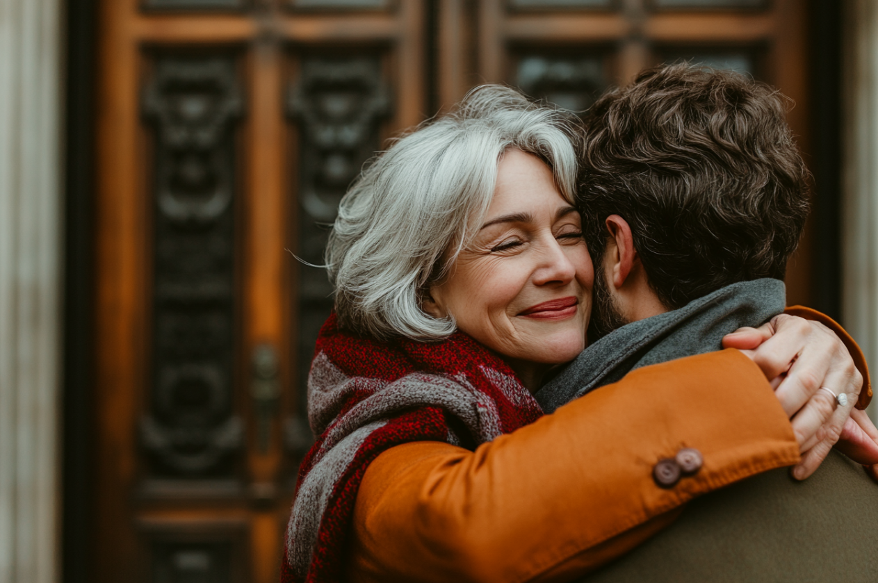 Une femme qui serre son fils dans ses bras à l'église | Source : Midjourney