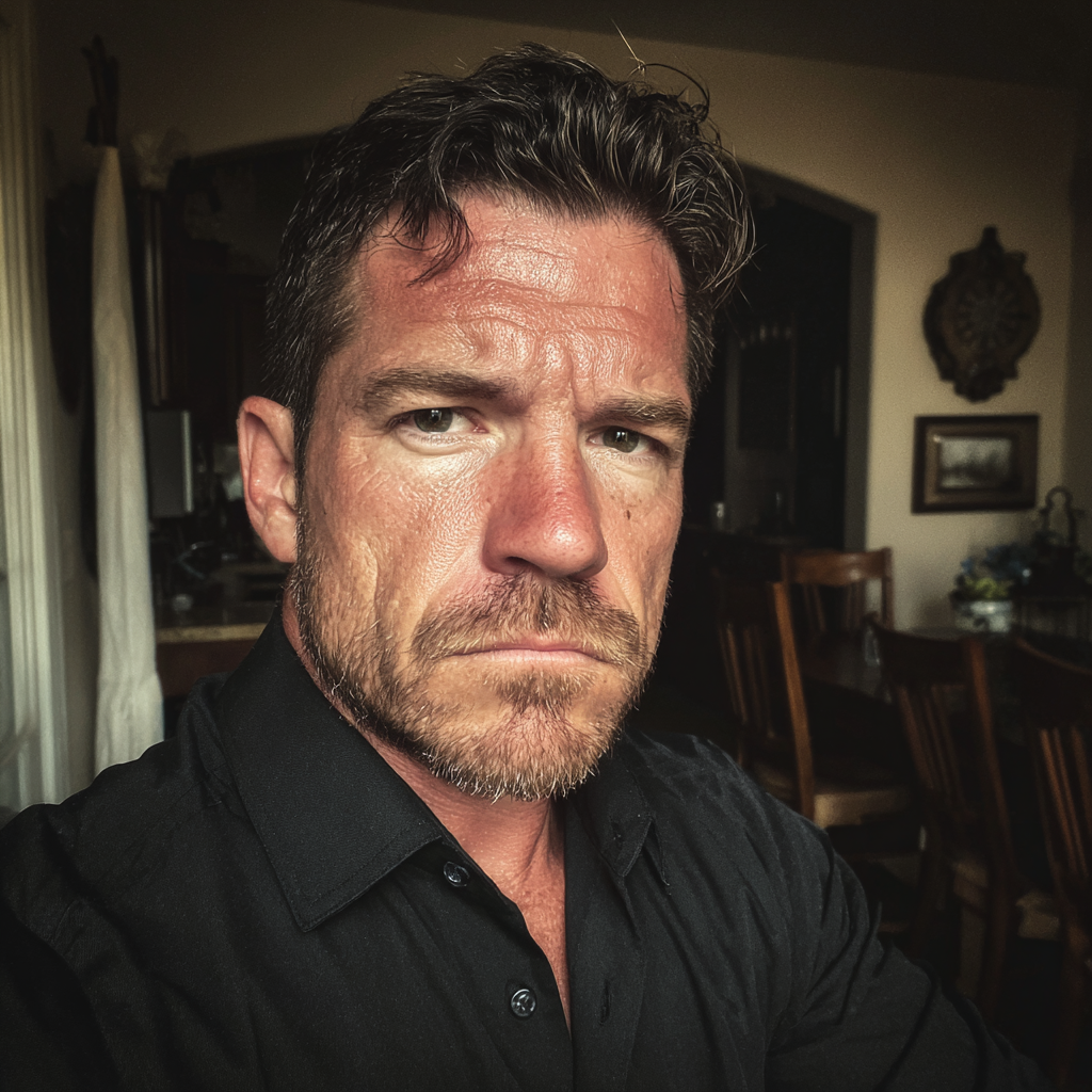 Un homme qui fronce les sourcils et qui porte une chemise de cérémonie noire | Source : Midjourney