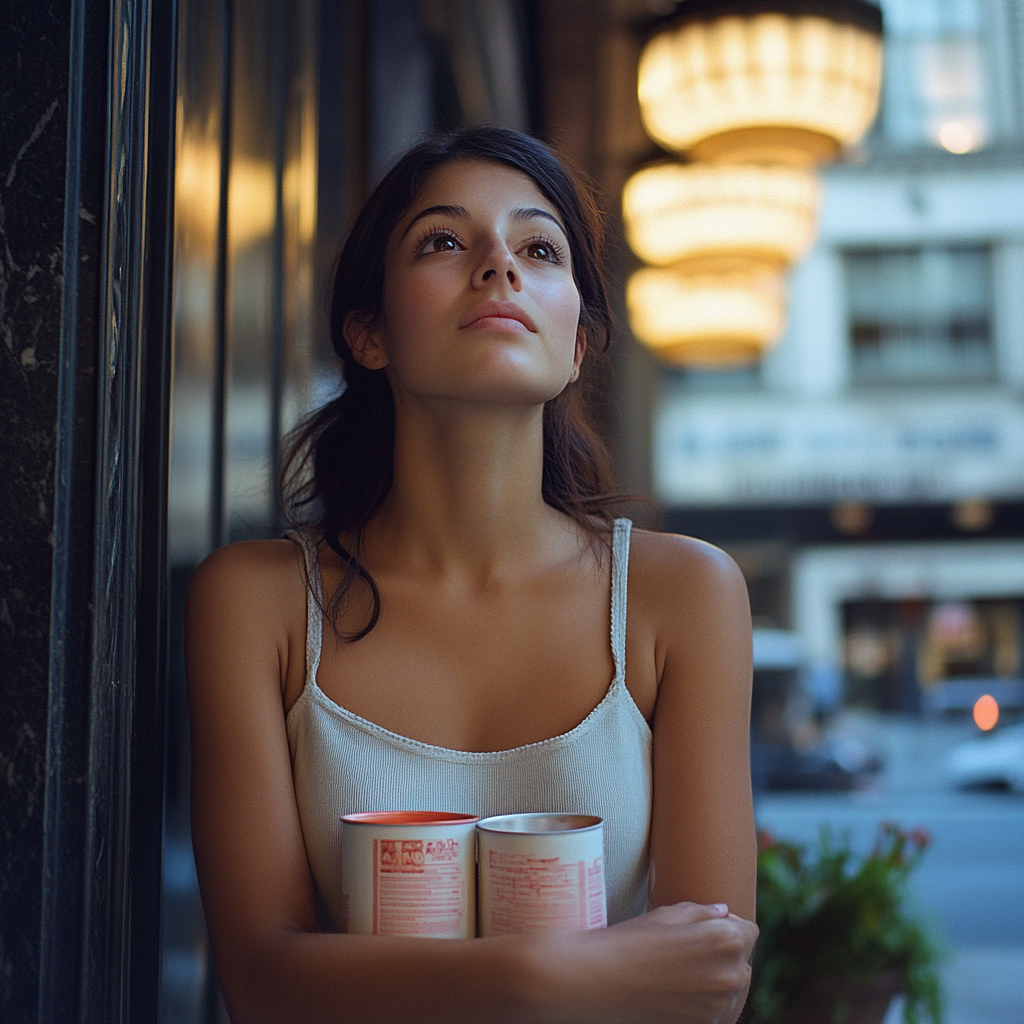 Une femme en colère devant un hôtel avec des pots de peinture | Source : Midjourney