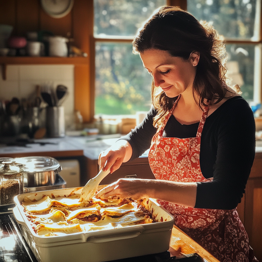 Une femme préparant des lasagnes | Source : Midjourney