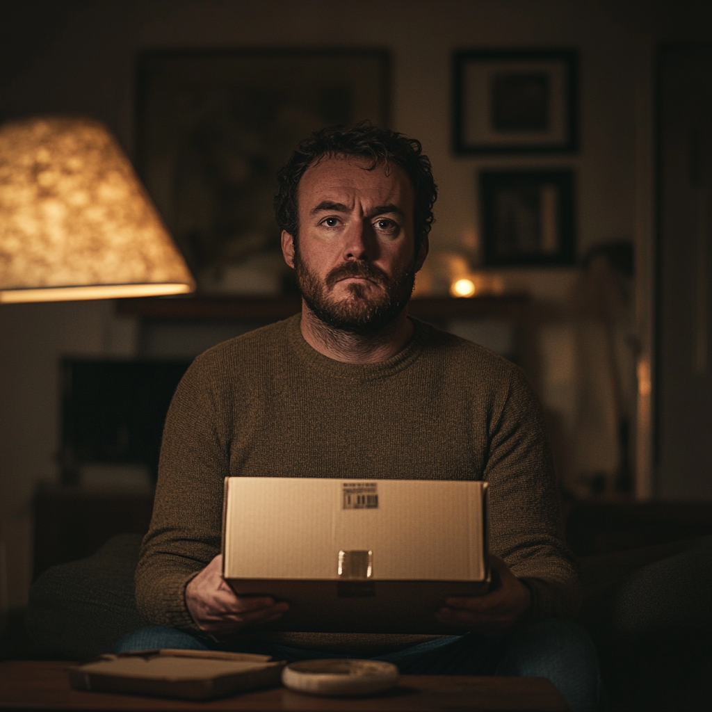 Un homme sérieux tenant une boîte | Source : Midjourney