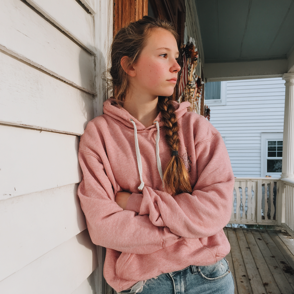Une adolescente debout sous un porche | Source : Midjourney