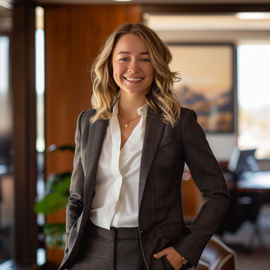 Une avocate heureuse debout dans son bureau | Source : Midjourney