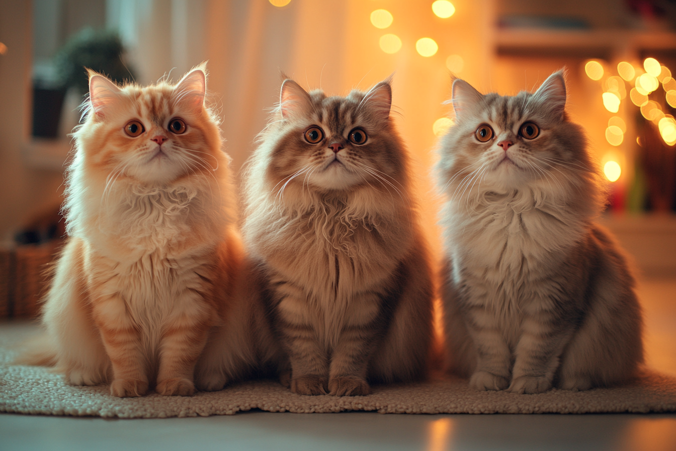 Trois chats pelucheux assis sur le sol | Source : Midjourney