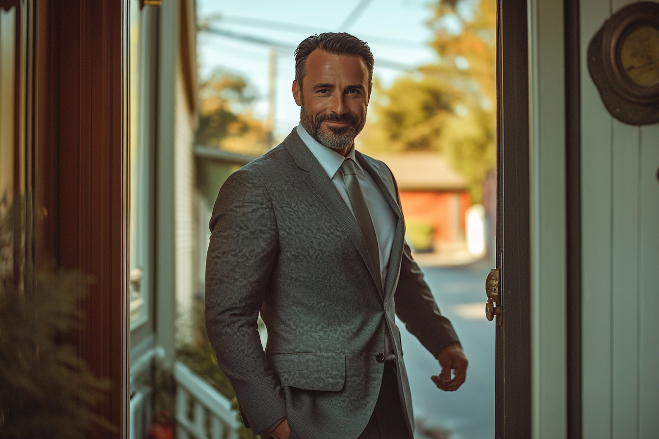 Homme souriant dans l'embrasure de la porte d'une maison | Source : Midjourney