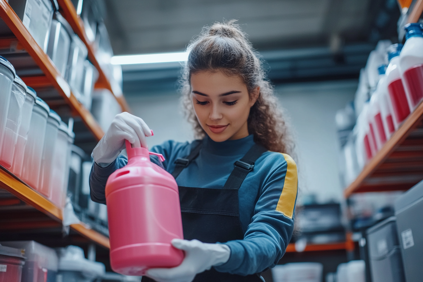 Une jeune femme tenant un bidon de liquide de nettoyage | Source : Midjourney