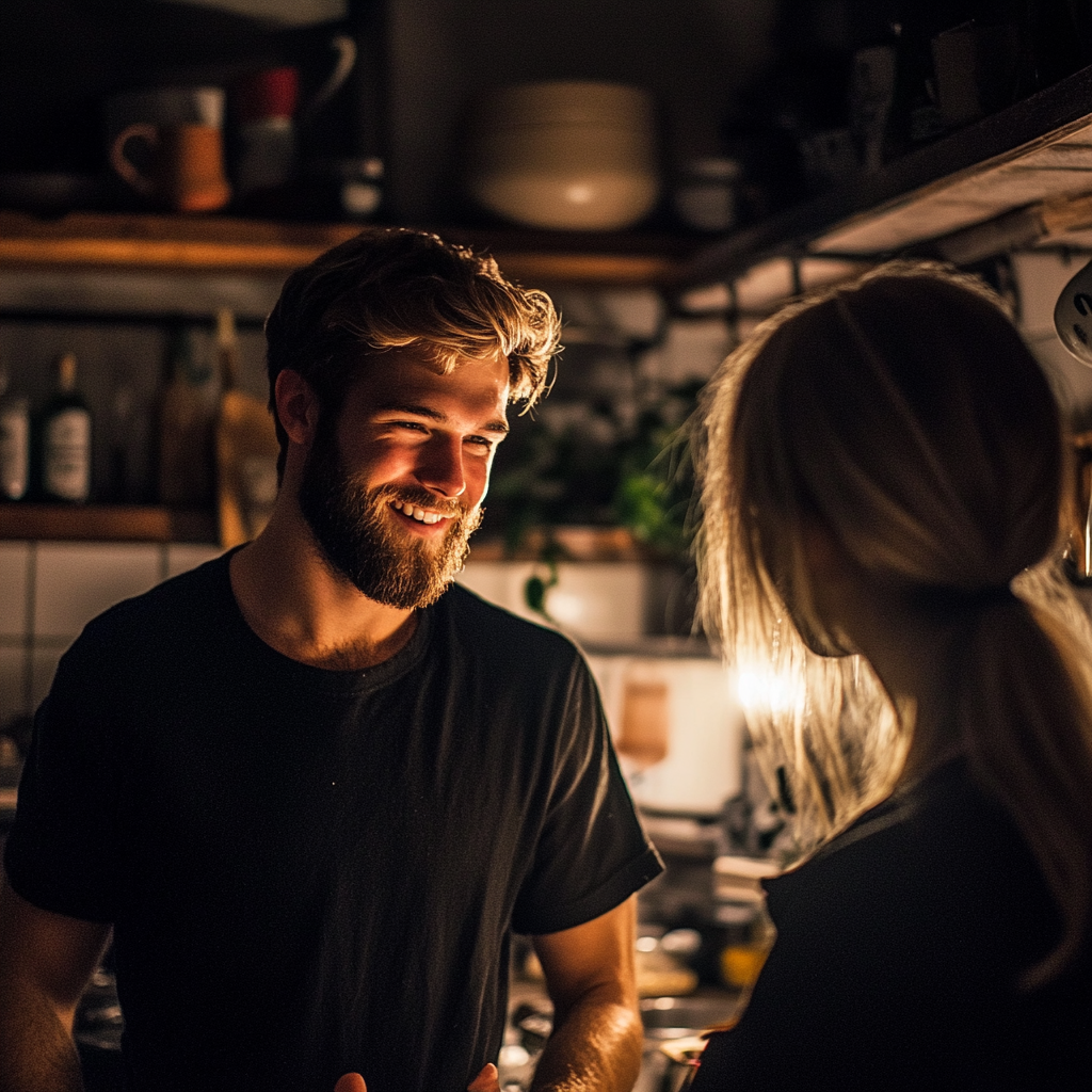 Un homme souriant qui parle à sa femme | Source : Midjourney