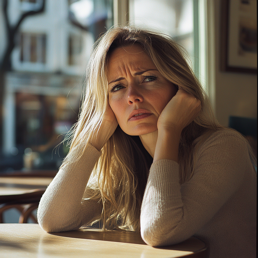 Une femme inquiète s'appuie sur une table | Source : Midjourney