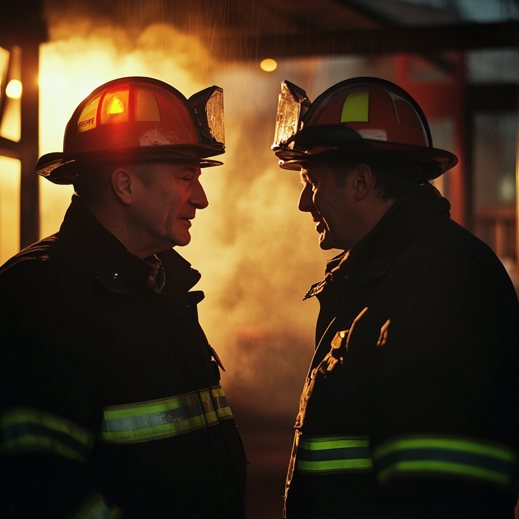 Deux pompiers d'âge mûr qui discutent | Source : Midjourney