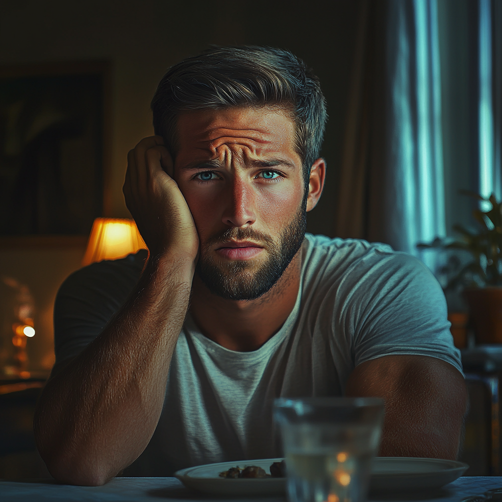 Un homme agité assis à une table à manger | Source : Midjourney