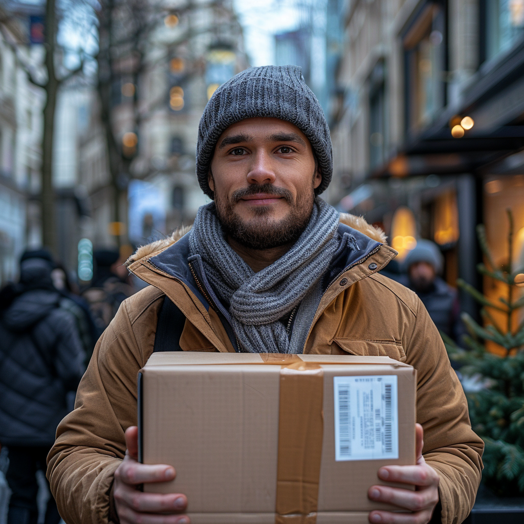 Delivery man with a box | Source: Midjourney