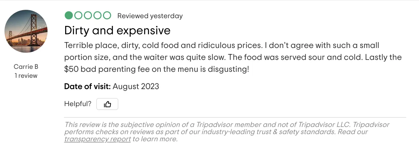 Un avis négatif de la part des clients concernant le Toccoa Riverside Restaurant | Source : Google.com/maps/reviews