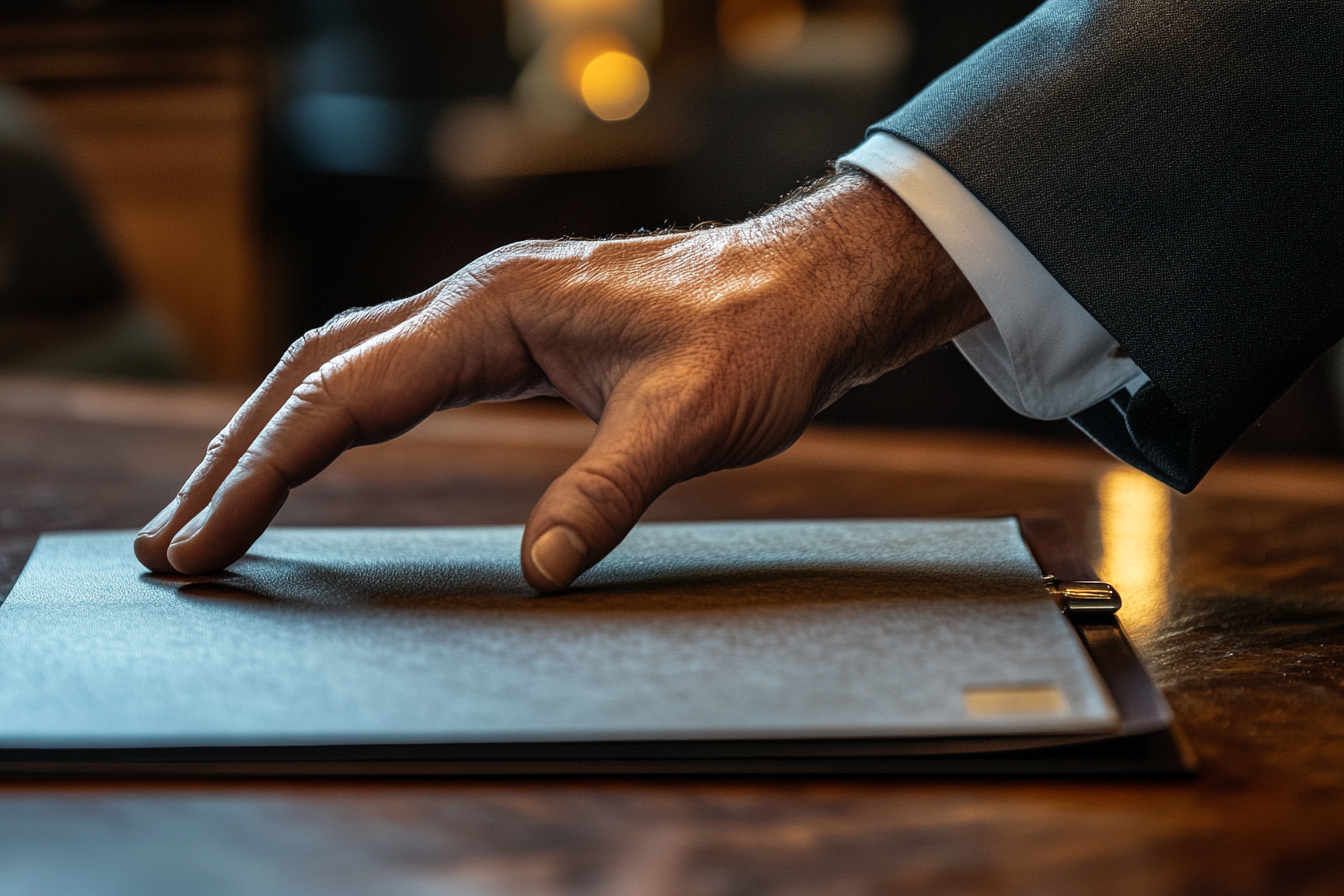 La main d'un homme posée sur des documents | Source : Midjourney