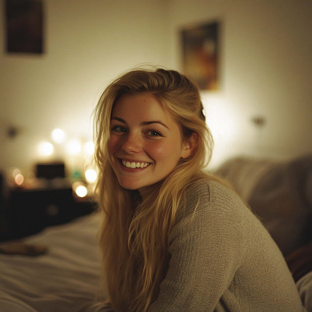 Une femme souriante dans sa chambre | Source : Midjourney