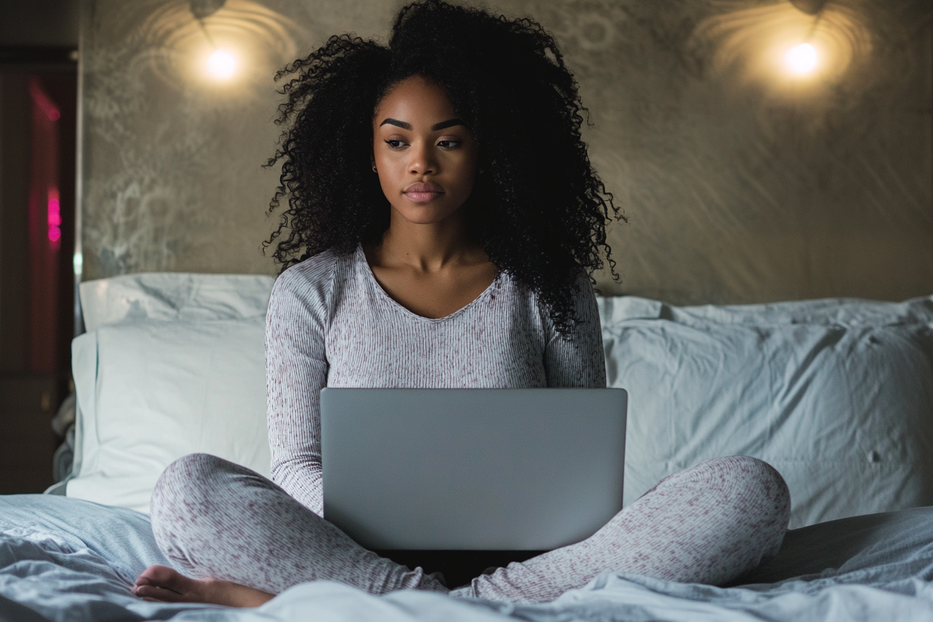 Une femme pensive assise sur son lit | Source : Midjourney