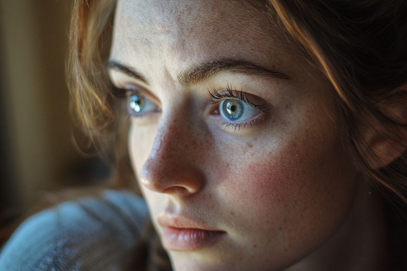 Gros plan d'une femme qui regarde devant elle avec de grands yeux | Source : Midjourney