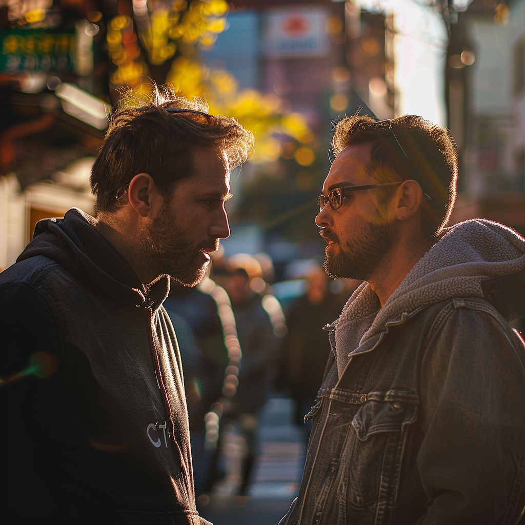 Deux hommes discutent dans une rue | Source : Midjourney