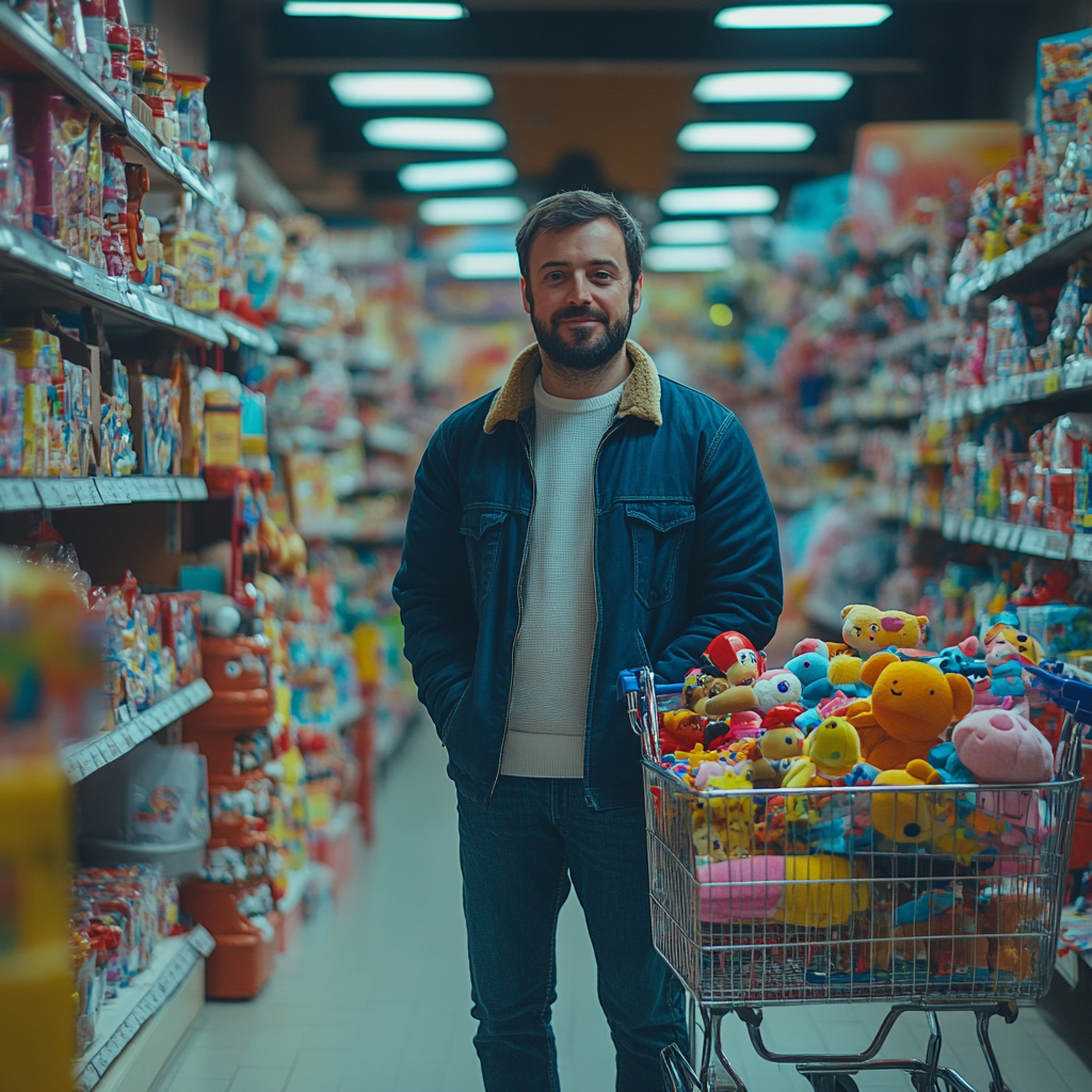 Un homme dans un magasin debout avec un chariot rempli de jouets pour enfants | Source : Midjourney