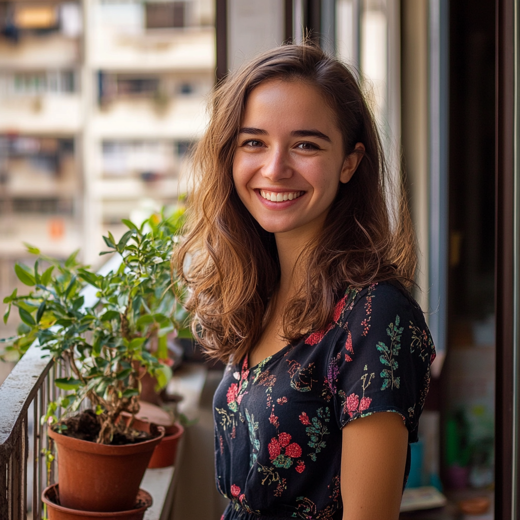 Une femme souriante sur un balcon | Source : Midjourney