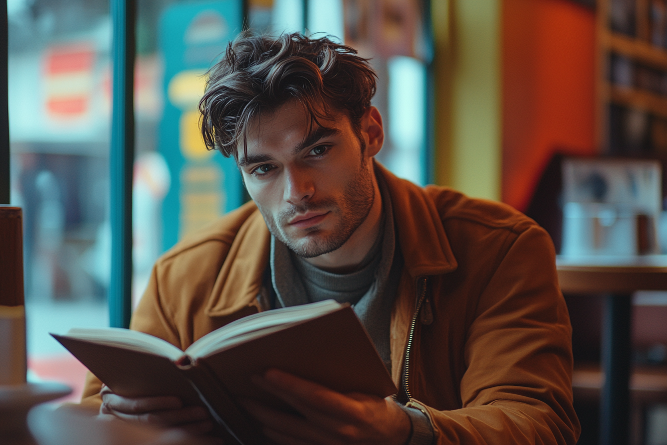 Un homme avec un livre dans un café | Source : Midjourney