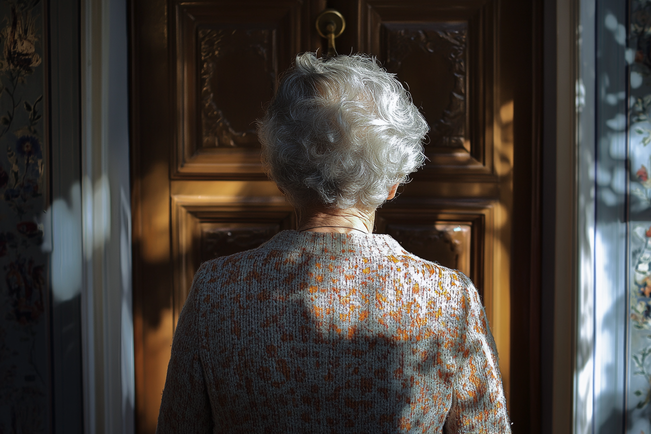 Elderly woman knocking on a door | Source: Midjourney