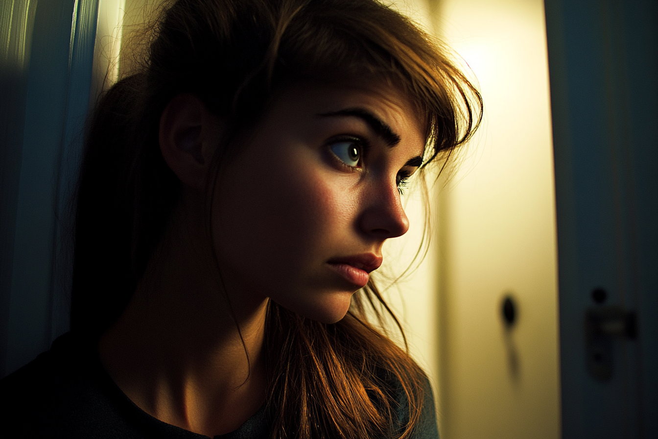 Une femme debout devant la porte d'une chambre à coucher | Source : Midjourney