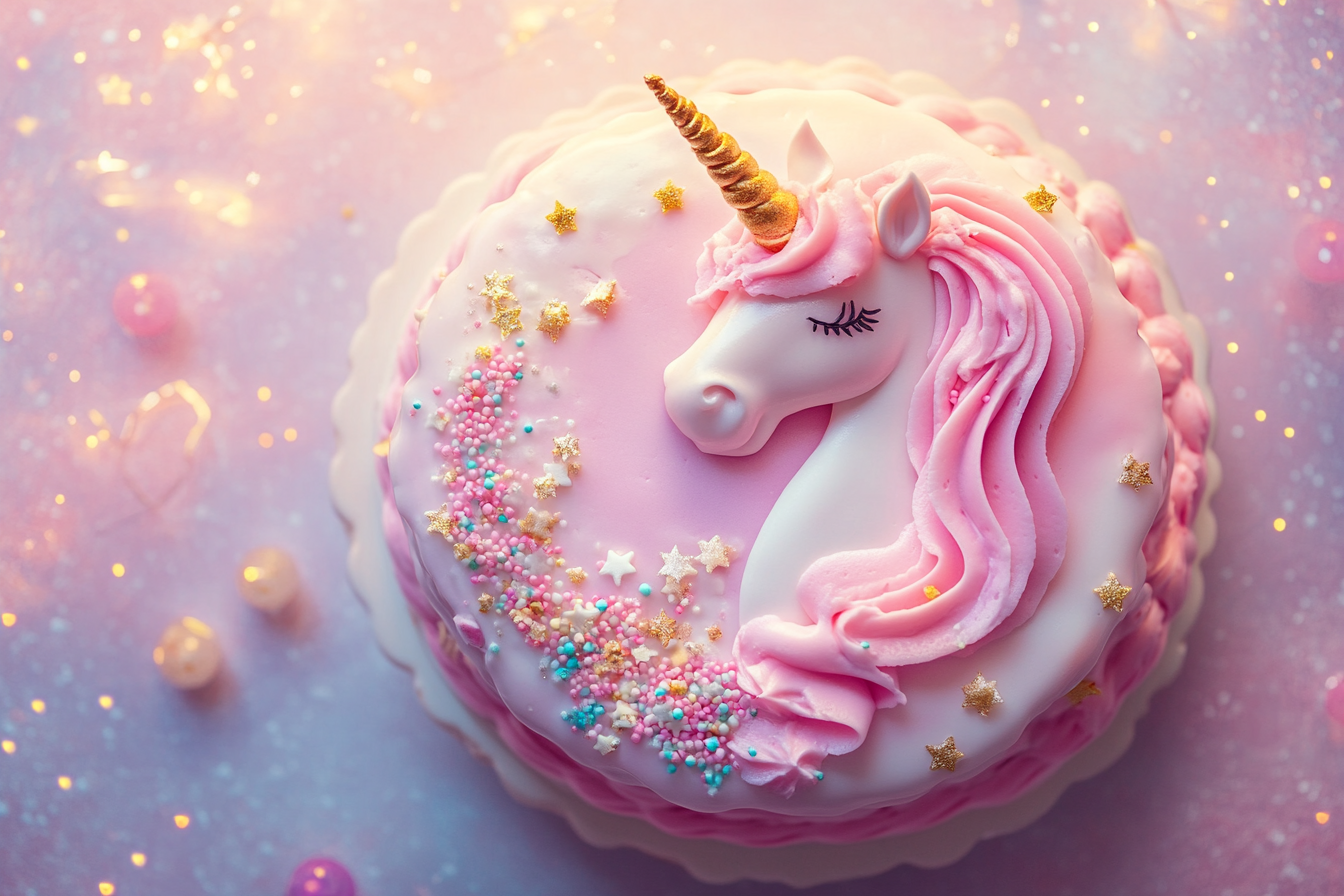 Un mignon gâteau d'anniversaire sur le thème de la licorne rose | Source : Midjourney