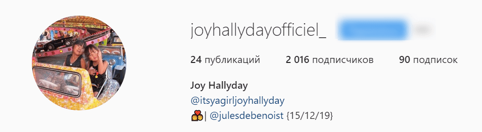 Capture d'écran de la profil de Joy Hallyday. | Phorto : Instagram/joyhallydayofficiel