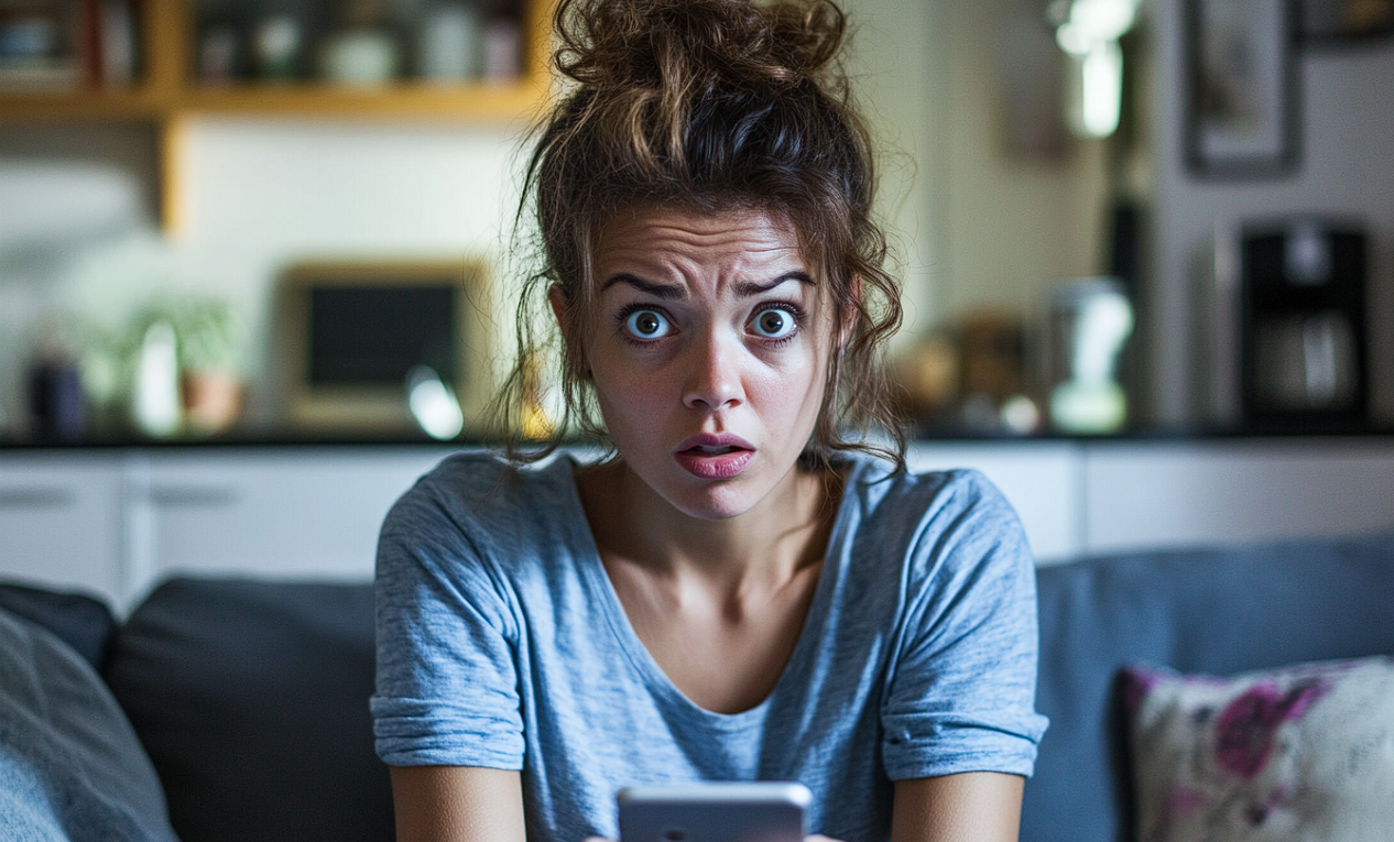 Une femme qui regarde son téléphone en état de choc | Source : Midjourney