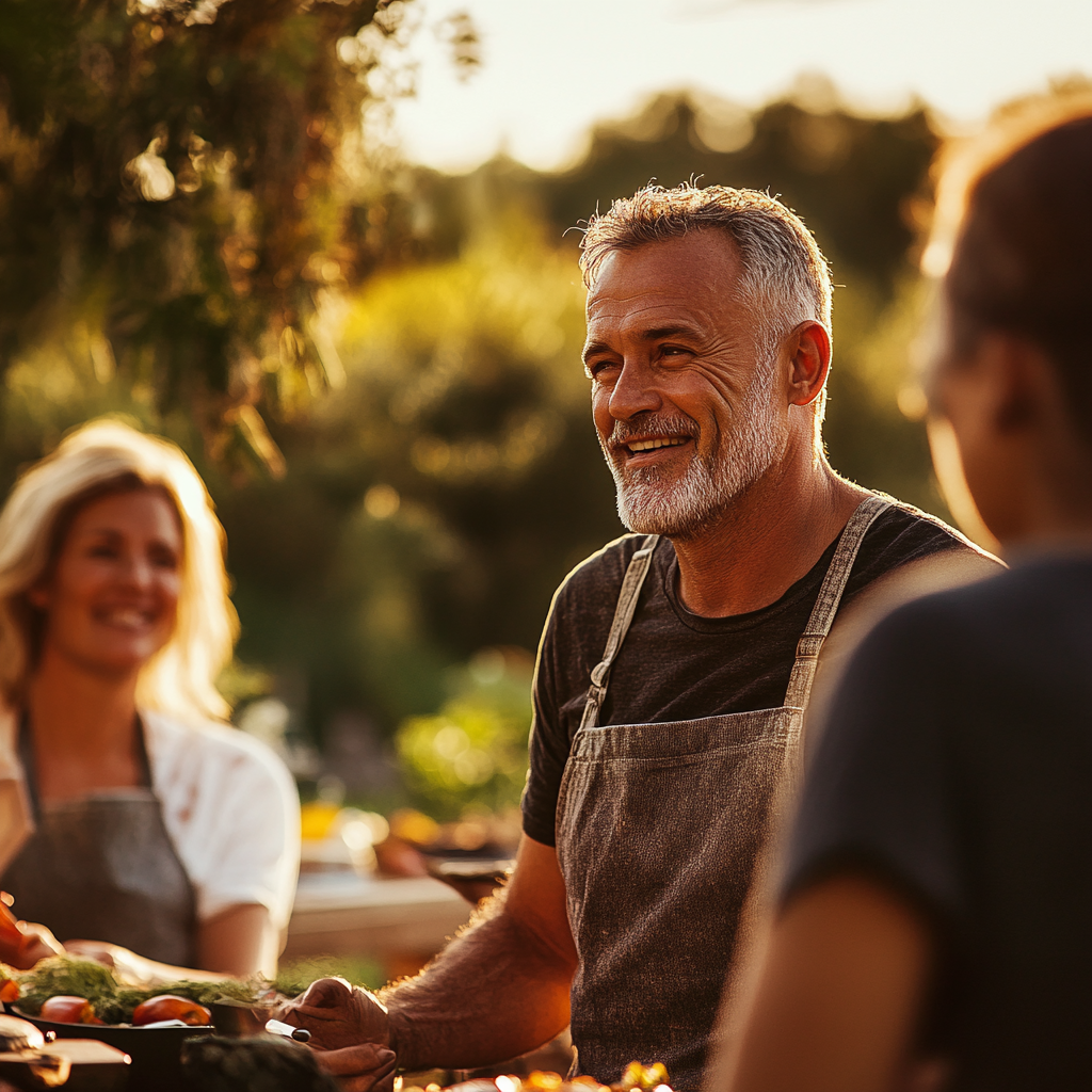 Un homme qui parle à sa famille lors d'un barbecue | Source : Midjourney