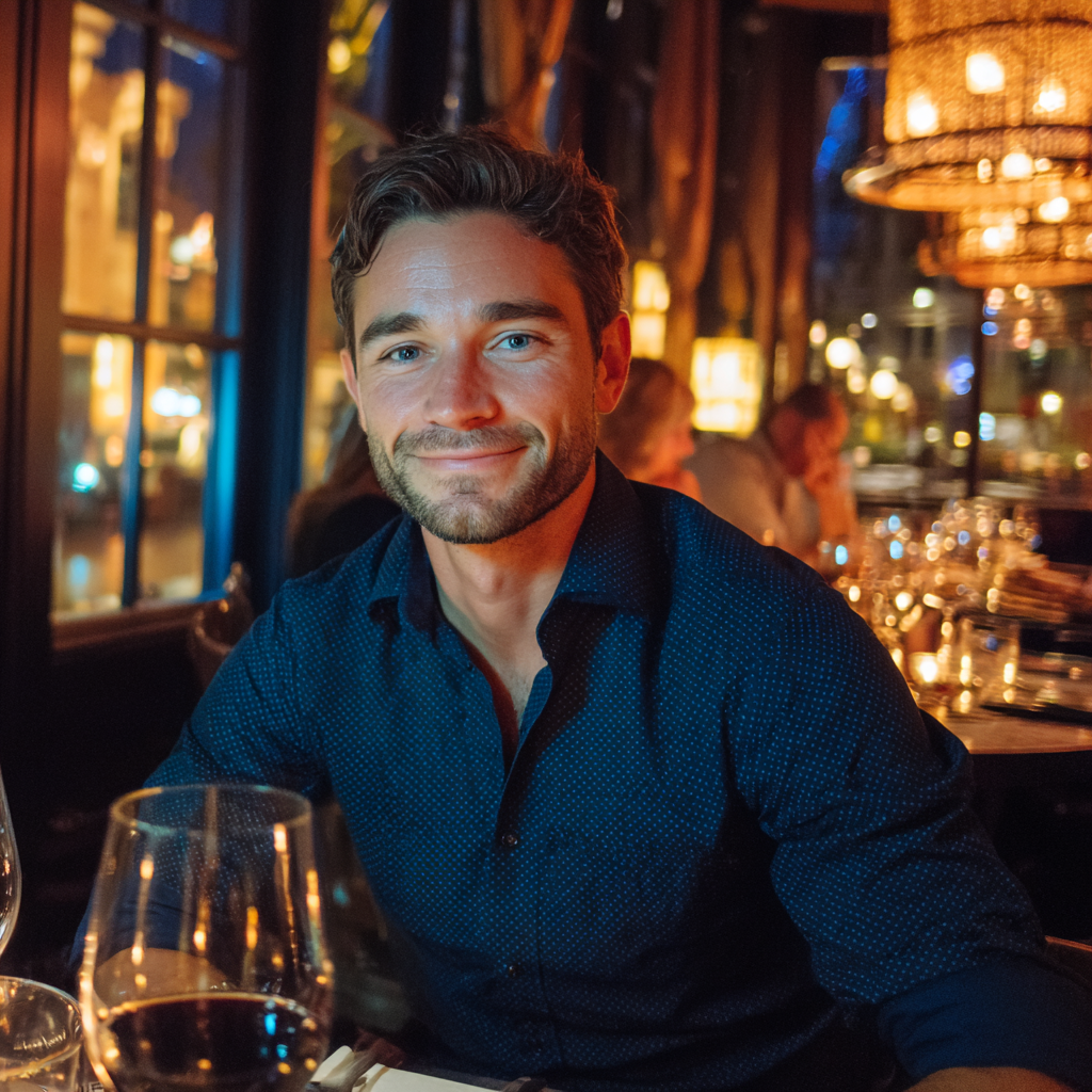 Gros plan sur un homme souriant assis à une table | Source : Midjourney